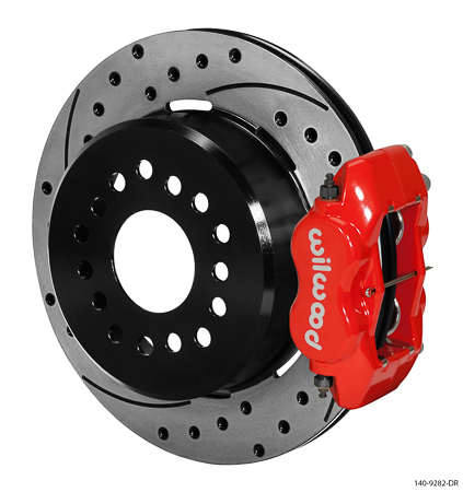 (image for) Disc Brake Kit, Dynalite Pro, Rear, Slotted/Drilled Rotor, 4-Piston Caliper, Red, Ford Small End, Kit