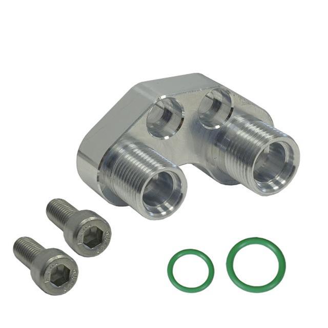 (image for) A/C Compressor Manifold Fitting, Adapter, Aluminum, Natural, Sanden SD7 Compressor, #8 Discharge, #10 Suction, Pair - Click Image to Close