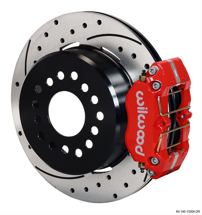 (image for) Disc Brake Kits, DynaPro Dust-Boot Rear Parking Brake Kits, Rear, Cross-drilled/Slotted Rotors, Red Powdercoated Calipers, 4-piston, Ford, Kit - Click Image to Close